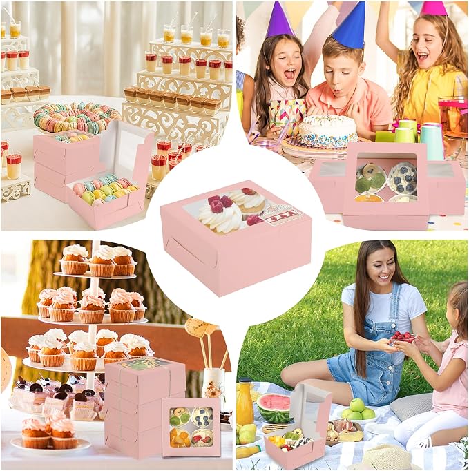 OAMCEG 30 Pack Cupcake Boxes with Window, 6x6x3 Inches Cookie Boxes, Bakery Treat Boxes for Pastry, Desserts, Chocolate Strawberries, Cupcake Containers, Gift Giving with Stickers & Twine （Pink）