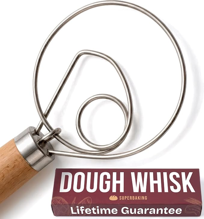 Superbaking Danish Dough Whisk - 12" Bread Whisk for Dough Mixing - Single Eye Design Sourdough Whisk - Sourdough Bread Baking Supplies - Bread Making Tools and Accessories - Ergonomic Wooden Handle