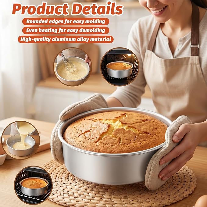 3 Pack Cake Pan Round, 6 inch/8 inch/10 inch Aluminum Baking Pans for Layer Cakes Metal Tier Cake Tins Heavy Duty Non-Stickfor Birthday Wedding Party, Home Kitchen, 3inch Depth