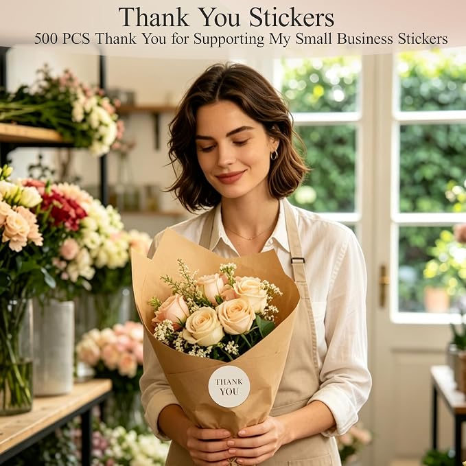 500PCS Thank You Stickers Roll, 1.5 Inch Round Self-Adhesive Labels for Small Business Packaging, Wedding Favors, Gift Boxes & Envelopes, Beige