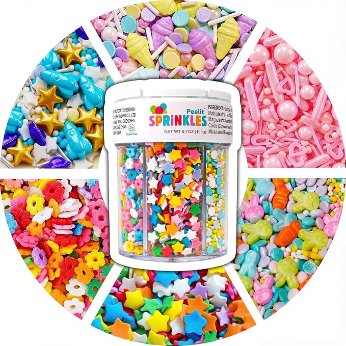 Peelit Rainbow Funfetti Sprinkles Mix, 6 in 1 Cell Edible Cake & Cupcake Decorations with Stars, Hearts & Flowers, Pastel Colors, Perfect for Baking & Ice Cream Toppers, Easter Sprinkles, 6.7oz Jar