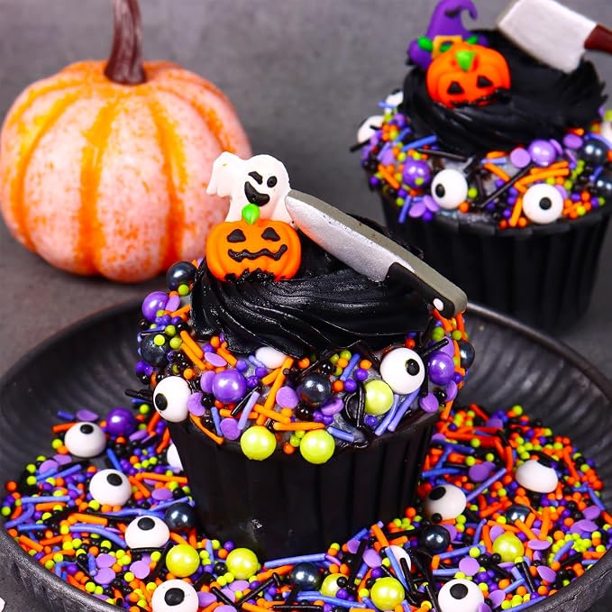 Edible Halloween Cake Decorations, 27 Count Royal Icing Toppers for Cakes, Cookies, Cupcakes - Pumpkin, Ghost, Witch Hat, Knife, Axe Icing Decoration - Spooky Baking Supplies for Halloween Party