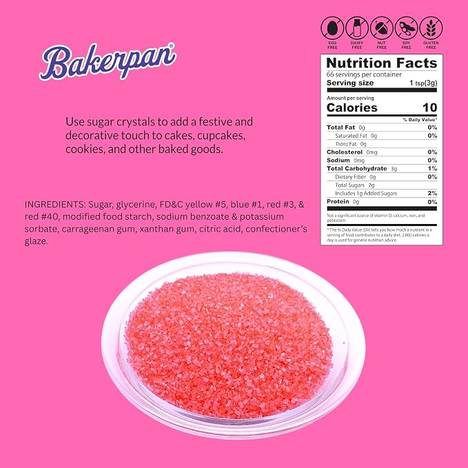 Bakerpan Hot Pink Sugar Sprinkles for Baking - 7 oz Coarse Sparkling Decorating Sugar Crystals for Baking Topping, Cookies & Cupcakes | Kosher, Gluten-Free, Made in USA