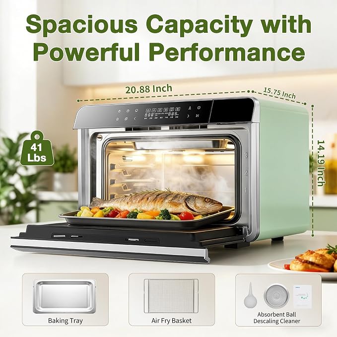 ROBAM Toaster Air Fryer Combi Oven, Countertop Steam Oven 14-in-1 with Convection Steam Roast & Bake, Multi-Stage Cooking, Self-Clean, 7 Modes, 30 Built-In Recipes, for Kitchen Pizza Baking (Green)