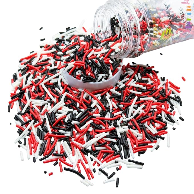 SE Si&Moos Red Black and White Jimmies Sprinkles Black and Red Halloween Sprinkles for Cake Decorating Edible Crunchy Jimmies for Topping Ice Cream, Cookies, Cakes, Cupcakes, Dessert Decorating 3 OZ