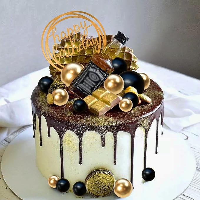 Colorful Balls Cake Topper Pearl Balls Cake Topper Happy Birthday Cake Insert Pick DIY Pile Up Insert for Wedding Birthday Party Baby Shower Cake Decoration (Black and Gold)