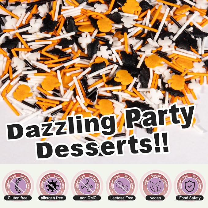 HUEBEATY 6-in-1 Halloween Sprinkles Set – 180g Edible Fall Thanksgiving Pumpkin, Ghost & Bat Confetti Mix with Black & Orange Sugar Crystals, Nonpareils & Jimmies – Spooky Cupcakes, Cookies & Cakes Decorating Toppings
