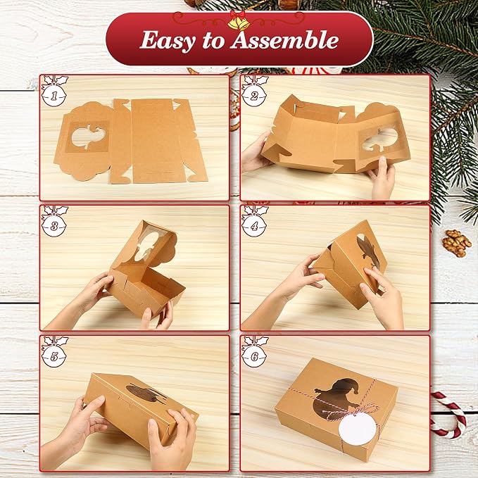 COTOPHER 18Pcs Christmas Cookie Boxes with Window, 8x6x2.5 inch Brown Bakery Boxes for Gift Giving, Kraft Treat Boxes Dessert Boxes for Cakes Donuts Chocolate Strawberries Pastries Muffins