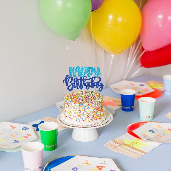 Gyufise 1Pcs Happy Birthday Cake Topper Glitter Cake Pick for Celebrating Happy Birthday Anniversary Theme Party Cake Decorations Supplies Blue