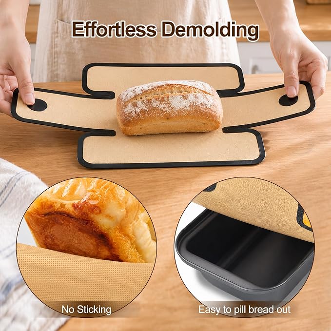 Silicone Bread Sling 4-Pack, Nonstick Bread Loaf Pan Liners with Handles, Reusable Heat Resistant Baking Mats for 9x5/9.5x5/10x5 Inch Pans, Dishwasher Safe, Brown Base Black Edges