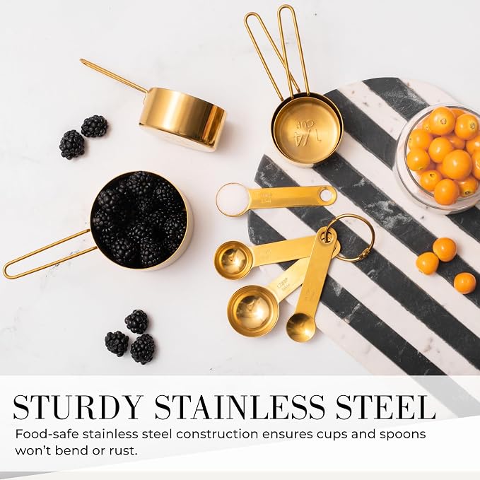 STYLED SETTINGS Gold Measuring Cups and Spoons Set – Stackable 8-Piece Brass Measuring Cups and Spoons – Stylish and Sturdy Gold Kitchen Accessories for Baking and Cooking