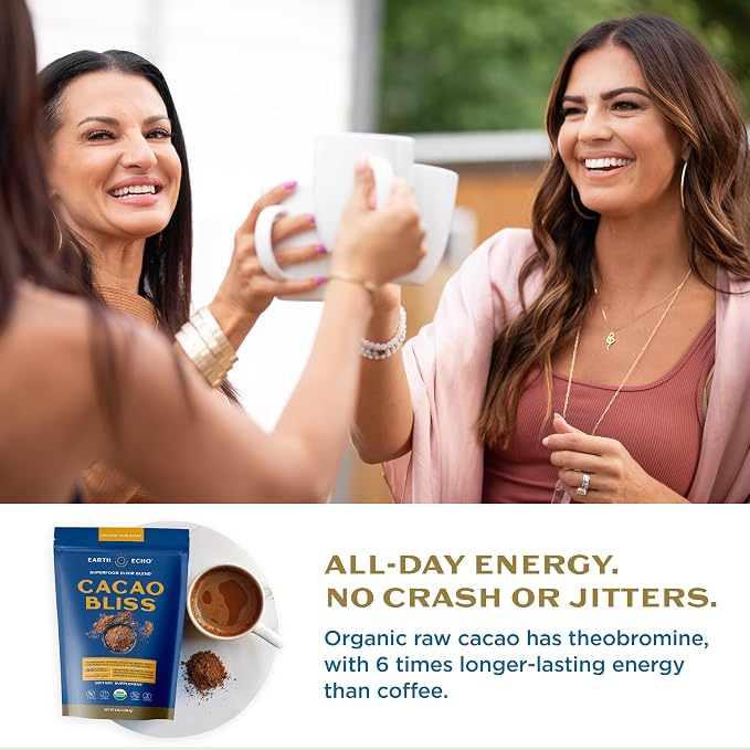 Earth Echo Cacao Bliss - Ceremonial Grade Organic Raw Cacao Powder with MCT Oil & Turmeric - Supports Energy Boost, Mindful Snacking & Focus - Unsweetened, Vegan, GMO & Gluten-Free, 30 Servings