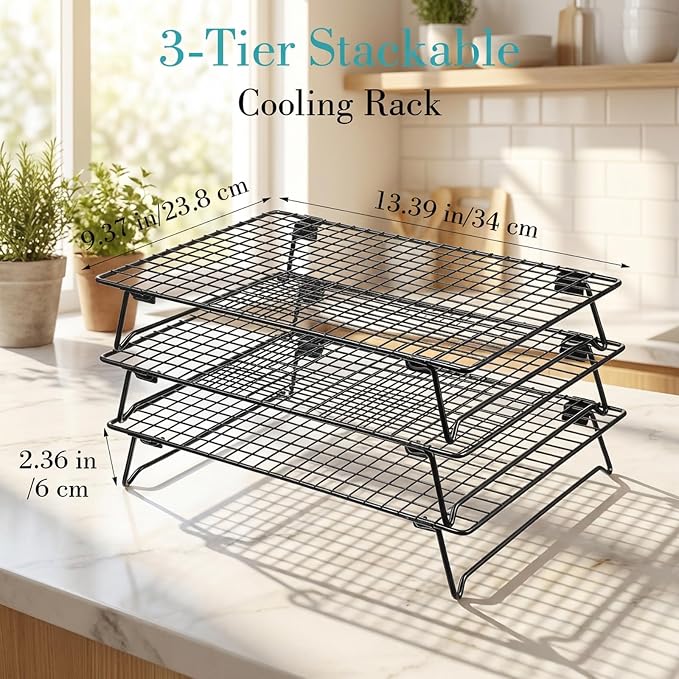Kifmurase 3-Tier Stackable Baking Racks Cooling, 13.39 x 9.37 Inch Carbon Steel Wire Rack with Folding Legs for Cookie Cake Pizza, Multi-Use Oven Rack for Cooking Roasting Drying