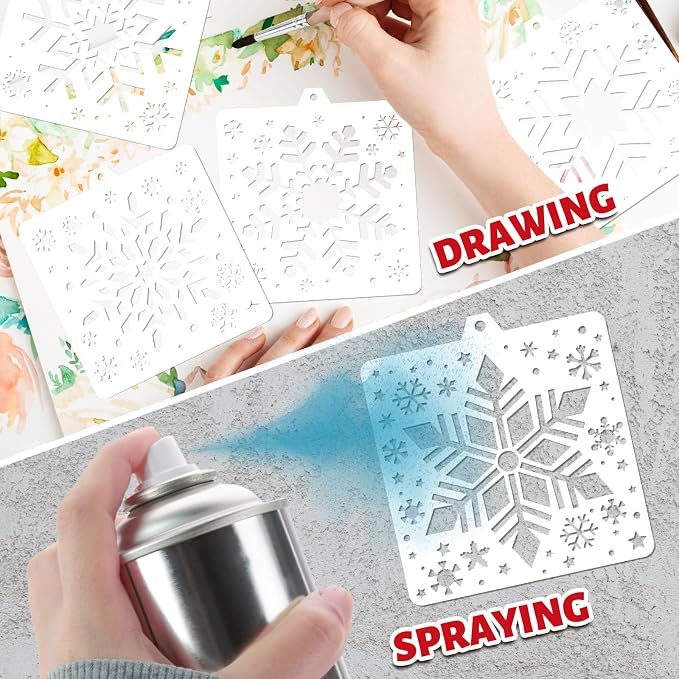 Whaline 15 Pcs Snowflake Cookie Stencils Painting Stencils Christmas Decorative Biscuit Cake Baking Templates with Bead Chain for Xmas Winter Holiday Party DIY Craft, 4.7 x 5.1 Inch