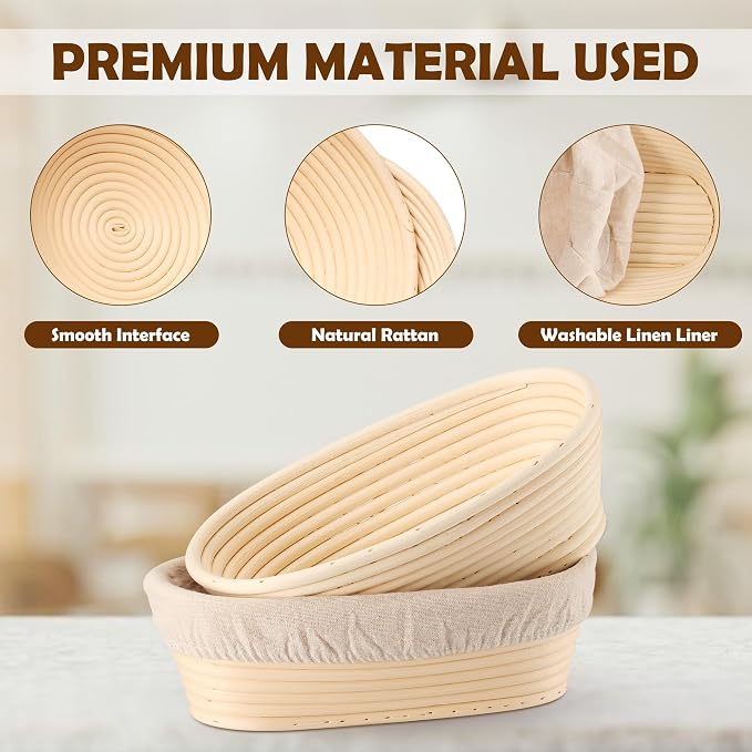 E-far Bread Proofing Basket Set of 2, 10 Inch Oval Dough Bowls for Rising, Sourdough Bread Baking Supplies with Liners for Home and Professional Baking