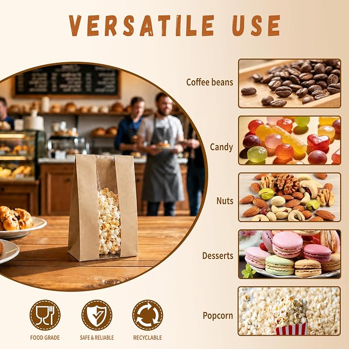 50 Pack Cookie Bags with Window, 3.5"x 2.3"x7.5" Kraft Paper Bakery Bags with Stickers for Snack, Cupcake, Popcorn, Coffee Bean, Party Favor, Cookie Packaging