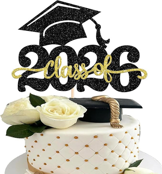 1 Pack Class of 2026 Cake Topper Glitter Congrats Grad Cap 2026 Graduation Cake Pick for 2026 Graduation Theme High School Boys Girls Graduate Party Cake Decorations Supplies Black Gold