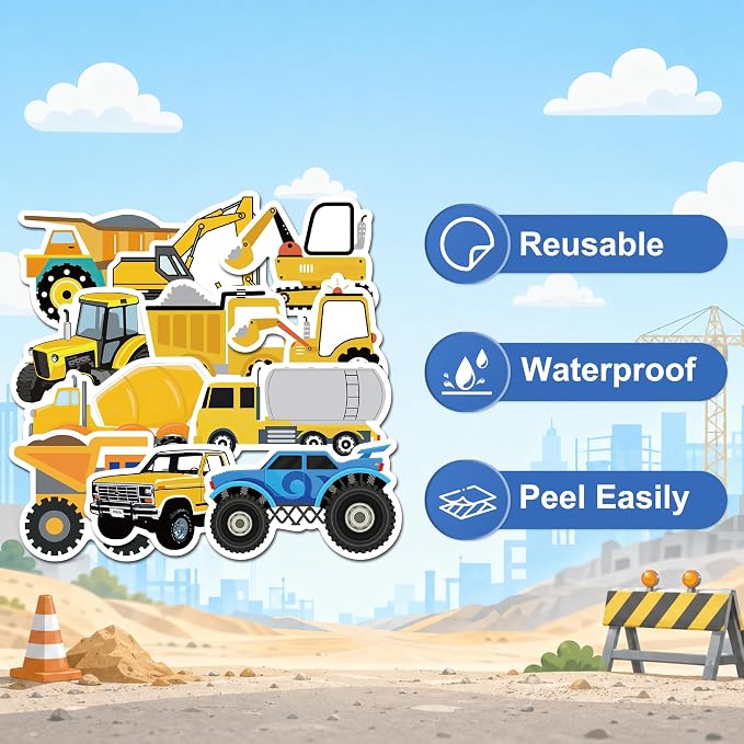 50 Pcs Construction Vehicle Stickers for Scrapbooking, Waterproof Vinyl Truck Stickers for Laptops Water Bottles Journals, Cute Engineering Car Decals for Kids Boys Teens