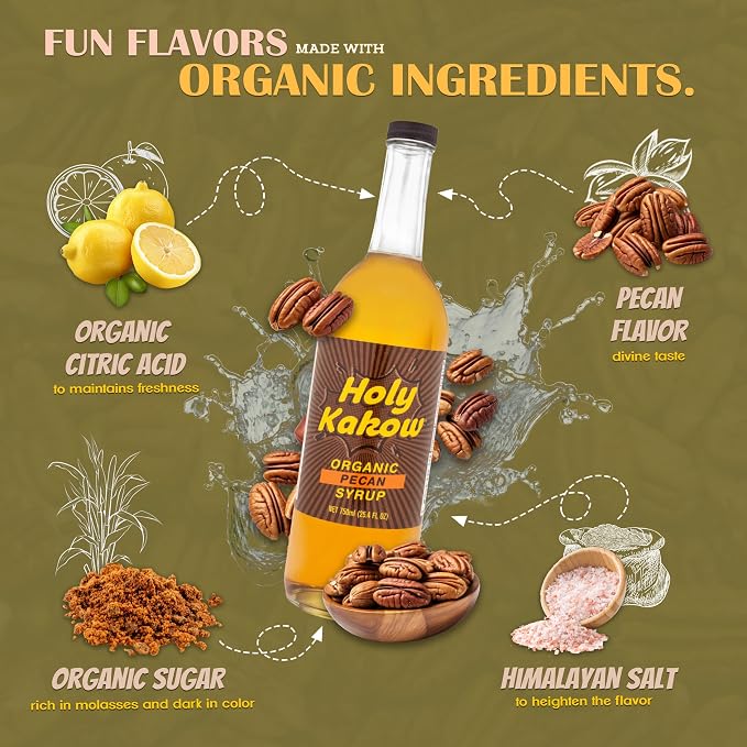 Holy Kakow Cafe Organic Pecan Syrup - Pecan Syrup, Coffee Syrup, Organic Syrup For Coffee, Syrup For Coffee, Add To Latte, Cocktail And Shake, Real Food Ingredients, Specific Flavor - 750Ml