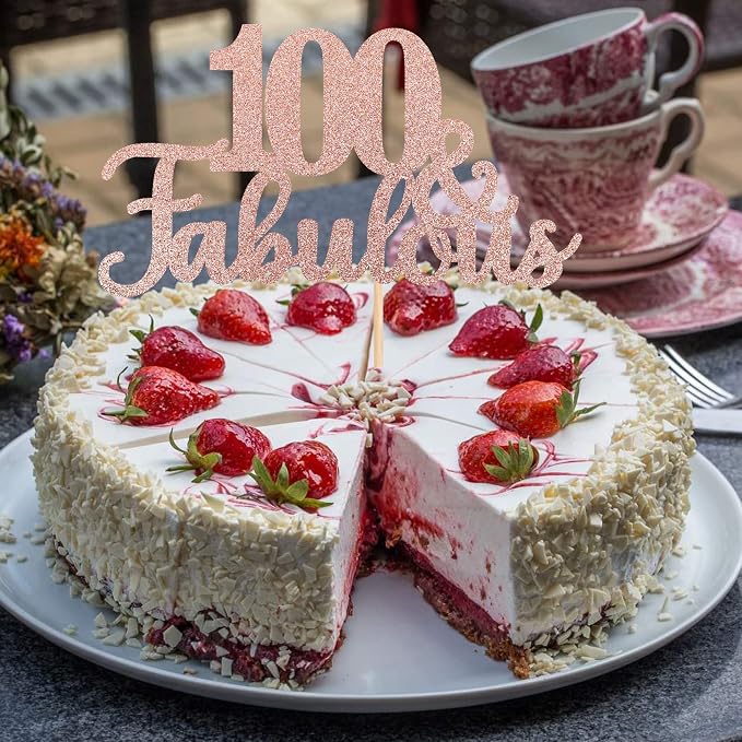 1 PCS 100 & Fabulous Cake Topper Glitter One Hundred Fabulous Cake Toppers Happy 100th Birthday Cake Pick for 100th Wedding Anniversary Birthday Party Cake Decorations Supplies Rose Gold