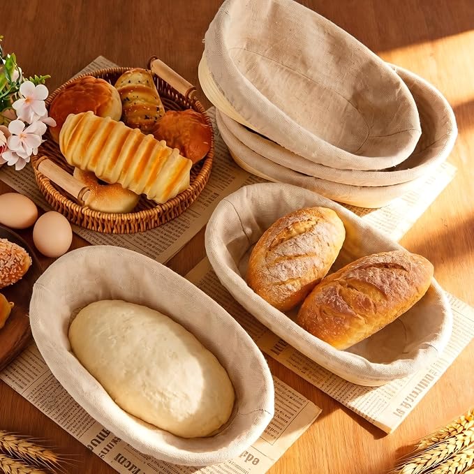 8 Pack Banneton Bread Proofing Basket 10 Inch Oval Rattan Banneton Baskets with Linen Liner Cloth Sourdough Basket Dough Proofing Basket for Professional & Home Sourdough Bread Baking