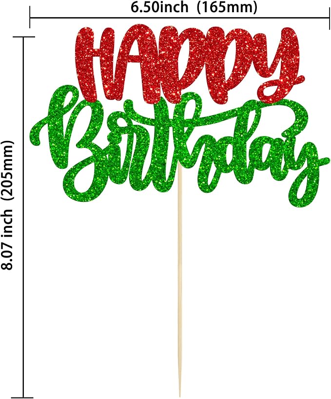 Gyufise 1Pcs Happy Birthday Cake Topper Glitter Happy Birthday Cake Pick for Christmas Theme Wedding Anniversary Theme Party Cake Decorations Supplies Green Red