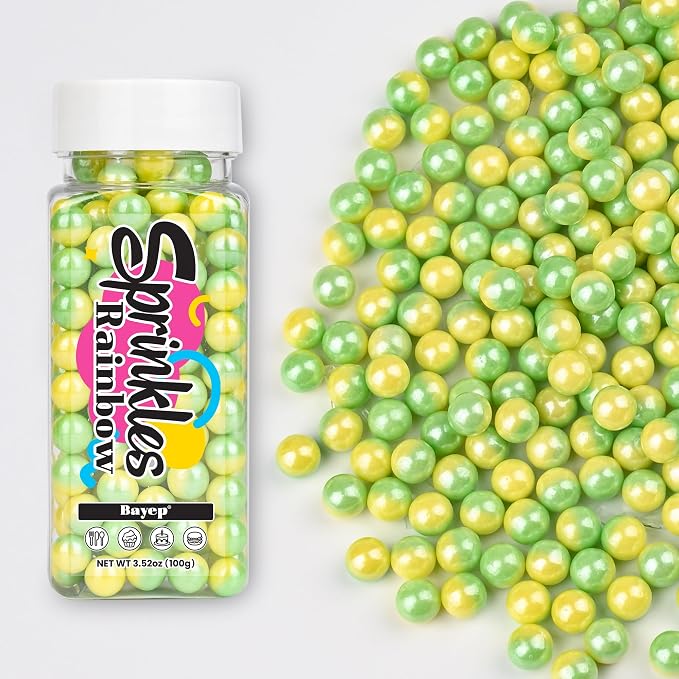 Edible Pearls for Cake Decorating Yellow & Green Sprinkles for Cookies, Baking, Ice Cream, Cupcake Topper Pearl Sprinkles Perfect for Wedding Party Valentines Christmas Holiday Supplies 3.52 Ounce
