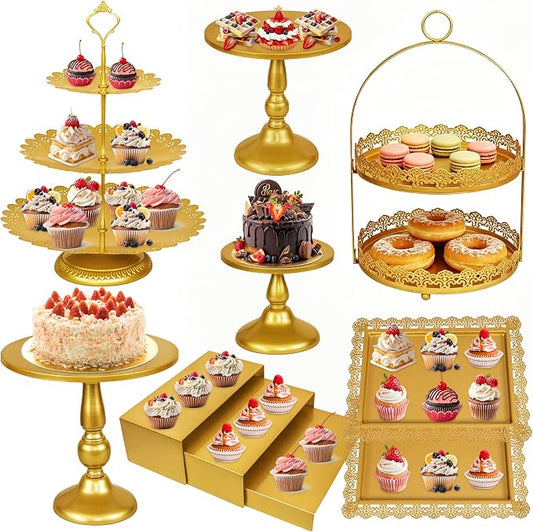 10 Pcs Gold Cake Stand Set Metal Cupcake Stands, Multiple Styles Dessert Display Tower for Candy Fruit, Cake Serving Trays for Birthday, Wedding, Anniversary, Baby Shower, Engagement Party