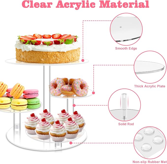 Cupcake Stand, 4 Tier Acrylic Cake Stand, Round Cake and Cupcake Stand Combo, Clear Tiered Cupcake Tower Stands for 50 Cupcakes, Cake Display Tree Stand for Wedding Birthday Party