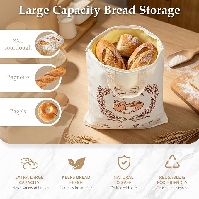 2 Pack Beeswax Bread Bags for Sourdough, 17x13 Inch Reusable Cotton Bread Storage Bags with Zipper and Handle Natural Beeswax Lining Freezer Friendly with 10 Food Labels Included (Wheat Wreath)