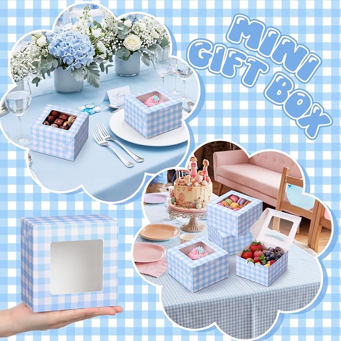 50 Pack Blue Gingham Cookie Boxes with Window, Small Bakery Treat Boxes for Pastry Donuts Macaroon Cupcakes, Gingham Party Supplies Wedding Bridal Baby Showers Birthday Party Favors