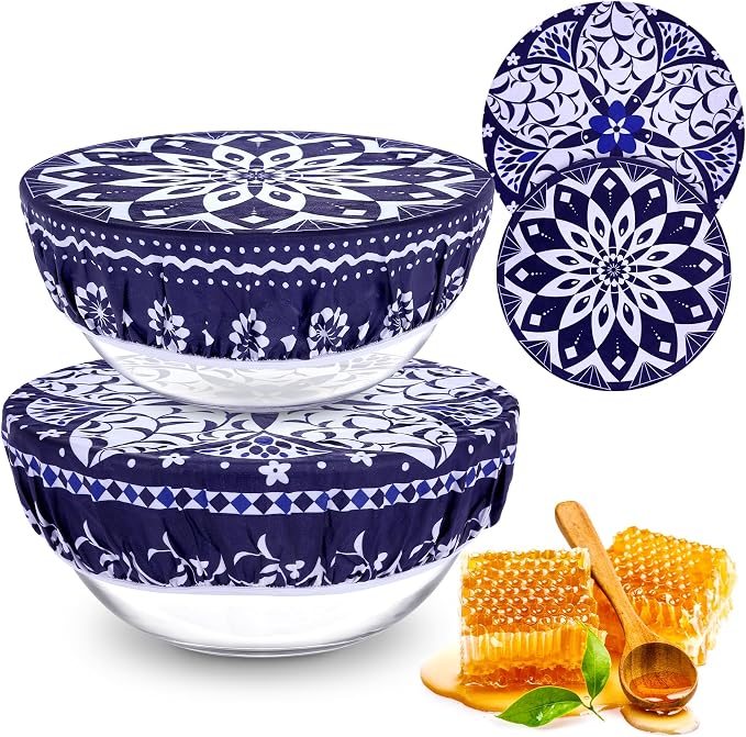 2 Large Reusable Beeswax Bowl Covers for Bread Proofing, 10/12 Inch Elastic Beeswax Wraps Cotton Cloth Sourdough Bowl Covers for Proofing Baskets, Mixer Bowls, Food Storage Containers