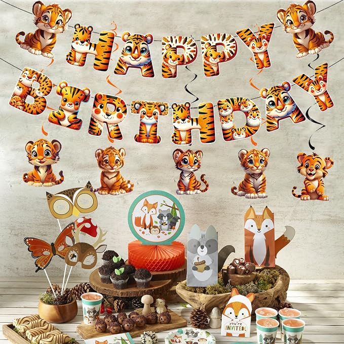 Zwiebeco Tiger Happy Birthday Party Decoration Banner Bunting Garland Hanging Paper Swirls Kit for Safari Wild One Woodland Jungle Theme Baby Shower Accessories Supplies