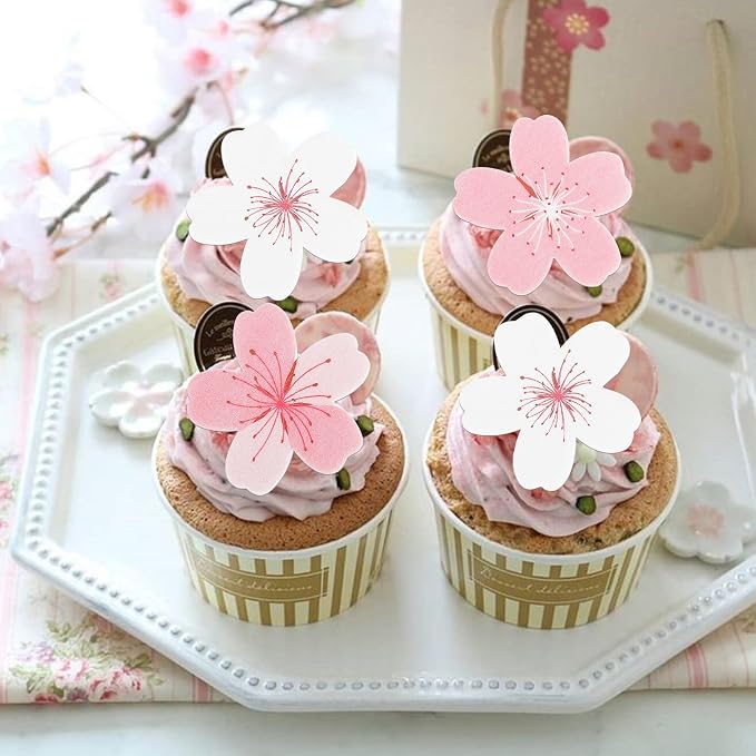 60 PCS Edible Flowers Cake Decorations Pink Edible Cherry Blossoms Flowers Cupcake Toppers Wafer Paper Flowers Cupcake Picks for Baby Shower Kids Birthday Party Food Decorations Supplies