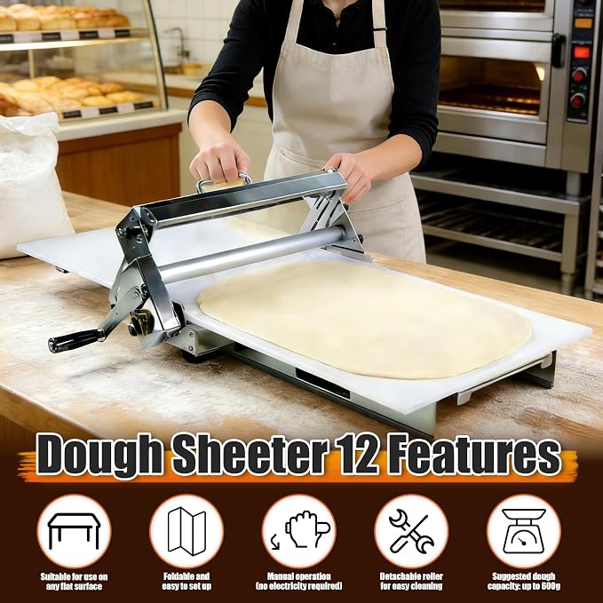 Folding Dough Sheeter (12")，Folding Dough Rolling Machine，Manual Dough Sheeter，Dough Sheeter Machine For Home，Stainless Steel Dough Machine With 55 Adjustable Thicknesses,(1 Scrolling Panel)