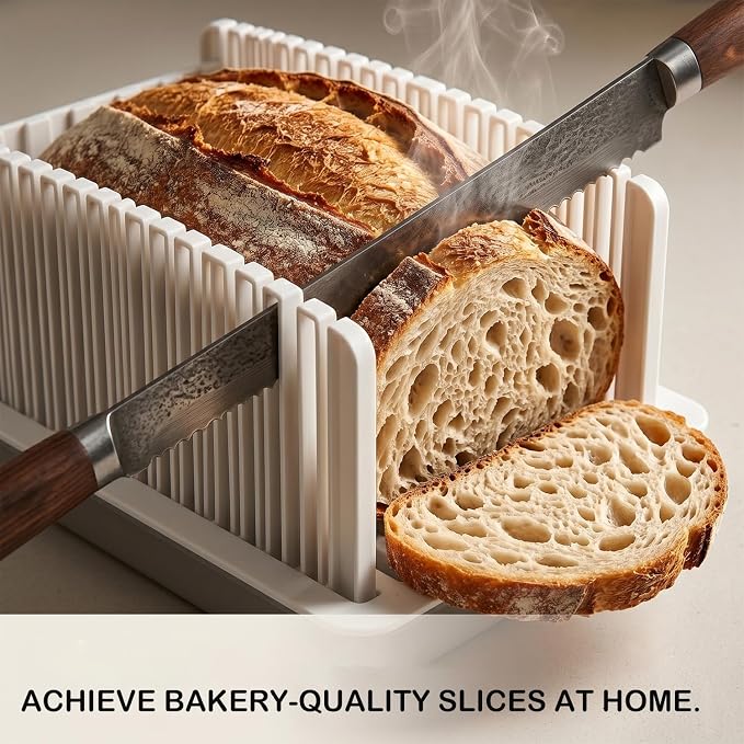 Bread Slicer for Homemade Bread, Adjustable Bread Slicing Guide with Crumb Tray, Foldable Compact Loaf Cutter for Even Slices, Ideal for Sourdough, Bagels, and Cakes, Space-Saving Design