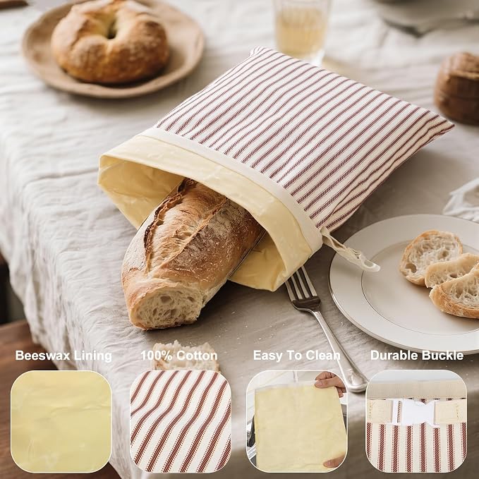 Stripe Reusable Beeswax Bread Bags for Homemade Bread & Sourdough, 2-Pack XL Airtight Food Storage Bags, Organic Cotton Linen Covers - Freezer-Friendly Freshness Preservation Keeps Fresh Longer