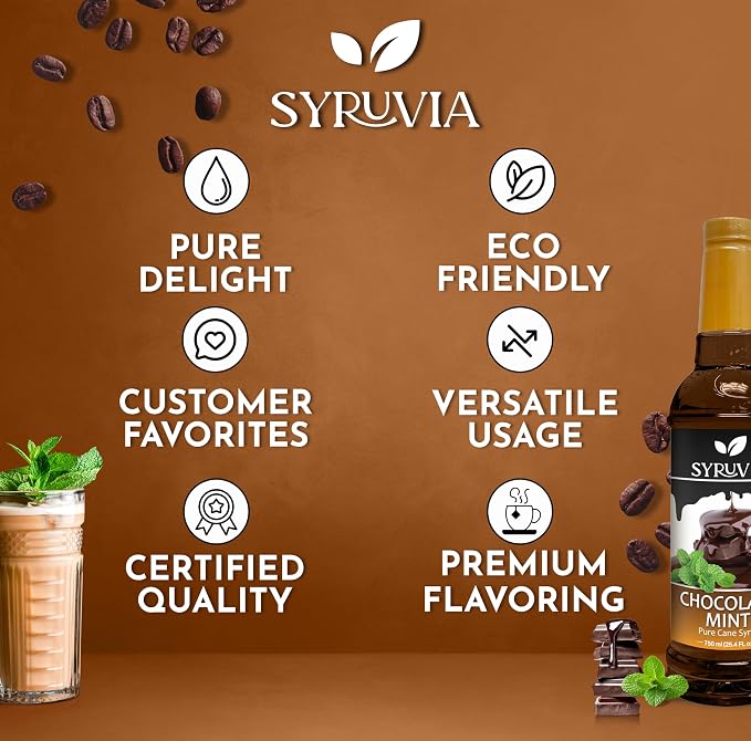 Syruvia Coffee Syrup, Chocolate Mint Flavored Syrup for Drinks, Lattes, and Desserts – 25.4 fl oz - with Pump