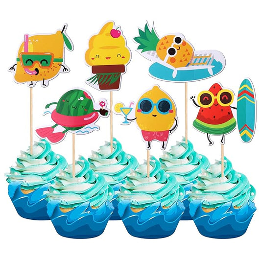 36 PCS Tropical Beach Luau Cupcake Toppers Fruit Watermelon Pineapple Ice Cream Lemon Cupcake Picks for Summer Hawaiian Luau Tropical Aloha Beach Theme Birthday Party Cake Decorations Supplies