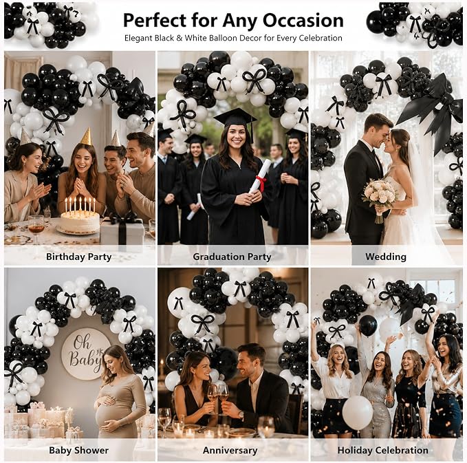 Black White Bow Balloon Garland Arch Kit, 149Pcs Coquette Bow Birthday Decorations for Engagement Wedding Bridal Shower Bachelorette Prom Party Decorations with Pre-Tied Bows and Long Balloons