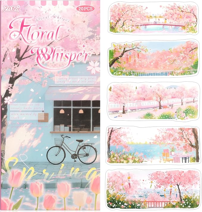Sakura Series Sticker Scrapbooking Supplies for Junk Journal, 10 Sheets PET Stickers and 10 Sheets Washi Stickers