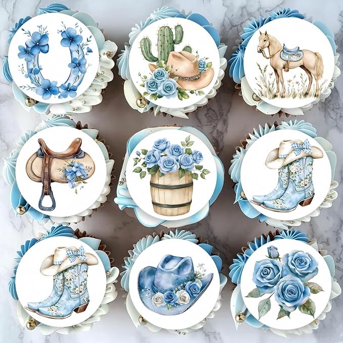 36PCS Edible Floral Horse Cupcake Toppers Wafer Paper Blue Pop-up Derby Horse Cowboy Cake Picks Edible Rodeo Western Boots Cupcake Toppers for Jockeys Equestrian Theme Supplies