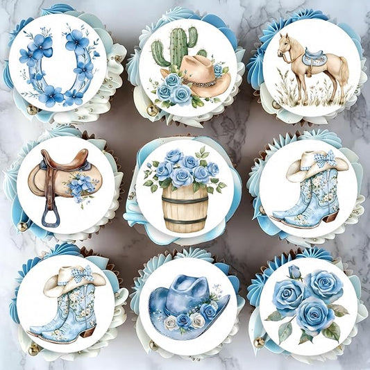 36PCS Edible Floral Horse Cupcake Toppers Wafer Paper Blue Pop-up Derby Horse Cowboy Cake Picks Edible Rodeo Western Boots Cupcake Toppers for Jockeys Equestrian Theme Supplies