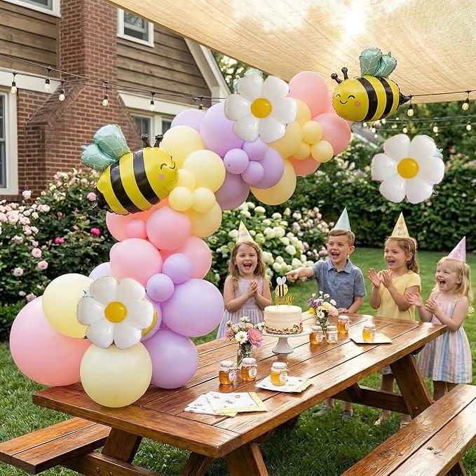 Bee Balloon Garland Arch Kit 121Pcs Macaron Pink Purple Yellow Latex Balloons with Bee Daisy Foil Balloons for Lemonade Birthday Honeybee Party Baby Shower Spring Garden Party Decor