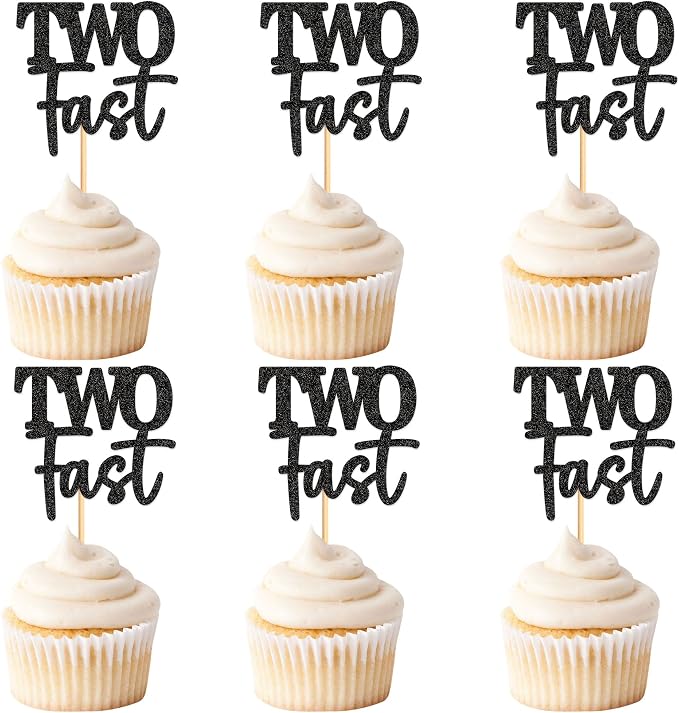 Ercadio 24 Pack Two Fast Cupcake Toppers Glitter Black Two Fast Cupcake Picks Racing Car Cake Topper Baby Shower Race Car 2nd Birthday Party Cake Decors Supplies