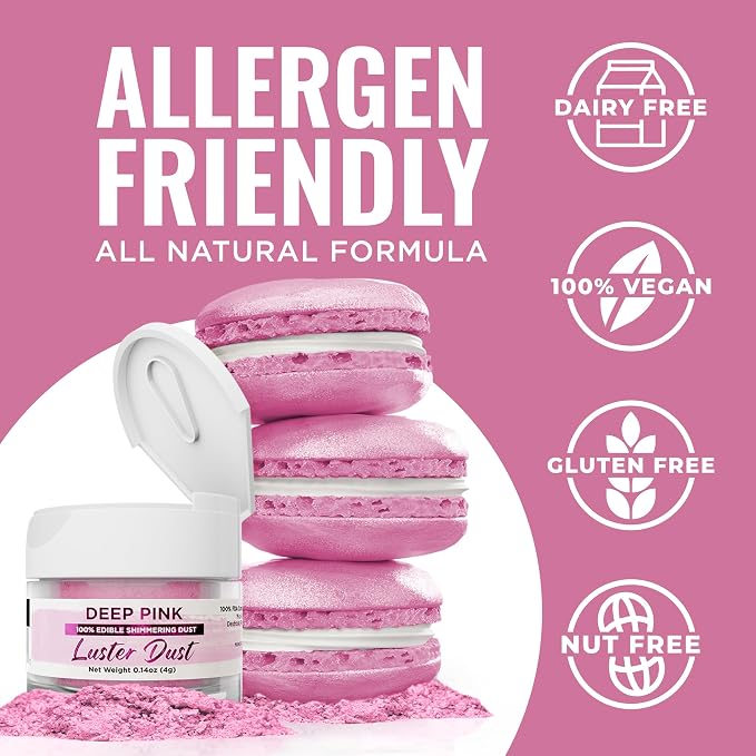 Luster Dust - Deep Pink (4g 1x Jar) | Edible Vegan Dust & Paint for Cake Decorating, Ice Cream, Desserts, Cocktails and Beverages by Bakell