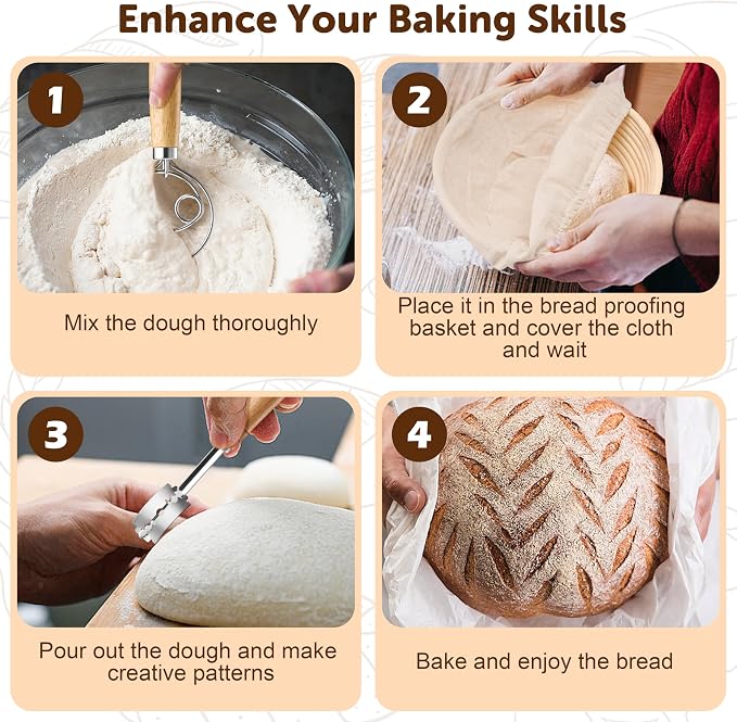 TeamFar Sourdough Bread Baking Supplies, 9” Round & 10” Oval Bread Proofing Basket Set with Liner, Sourdough Starter Kit for Bread Making, Bread Lame/Whisk/Dough Scraper/Basting Brush