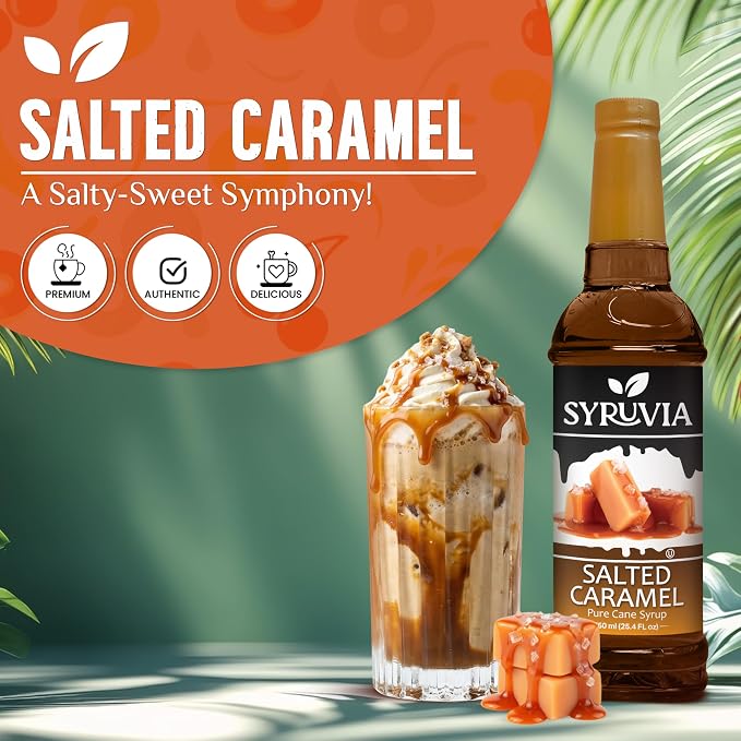 Syruvia Coffee Syrup, Salted Caramel Flavored Syrup for Drinks, Lattes, and Desserts – 25.4 fl oz - with Pump