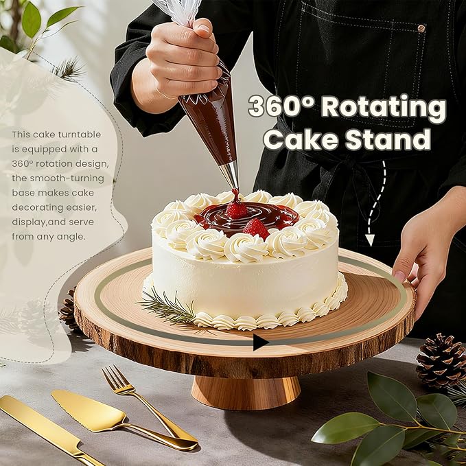 12 Inch Rotating Cake Stand - Rustic Wood Cake Stand with Cake Server, Knife & Forks Set | Cake Turntable for Easy Decorating, Perfect for Weddings, Birthdays, Party Dessert Display & Gift