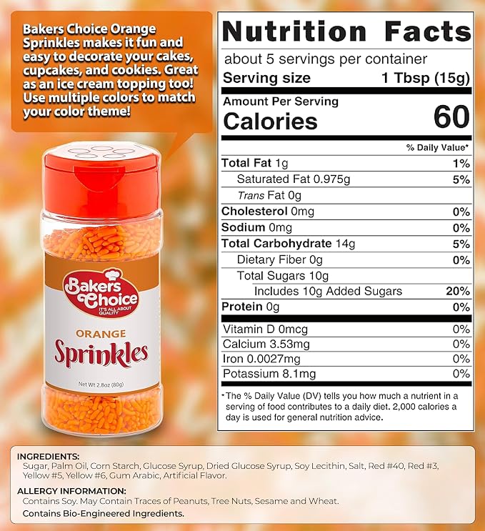 Bakers Choice Orange Sprinkles for Baking - Jimmies Sprinkles for Ice Cream Toppings - Dairy Free, Kosher 2.8 oz.